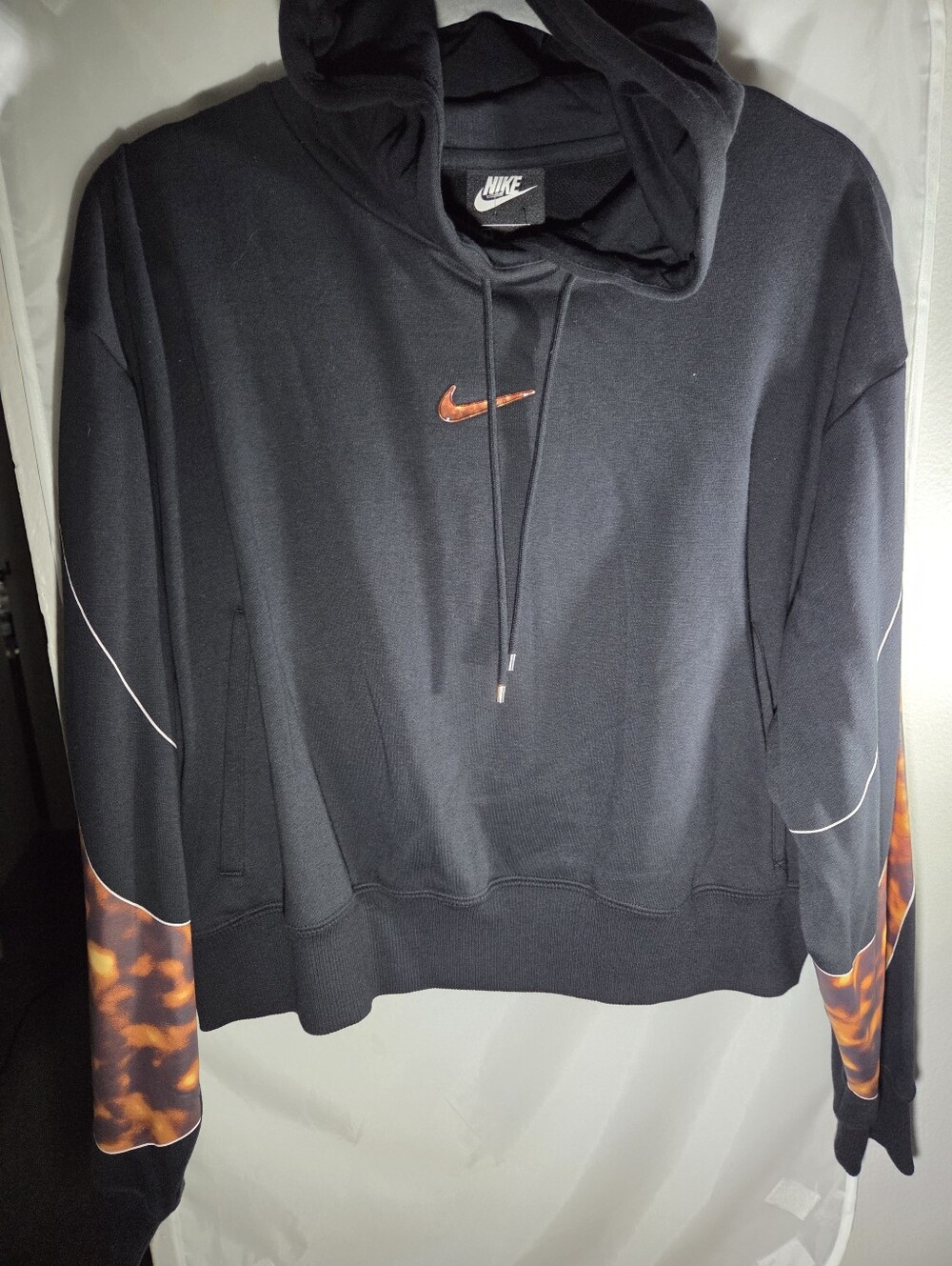 Nike Black Zip-Up Hoodie with Orange Swoosh and Flame Sleeve Panels